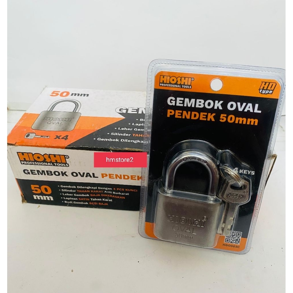 Gembok Oval Hioshi Leher Pendek 50 MM Bahan Besi Baja, Lapisan Satin, Lebih Tahan Karat