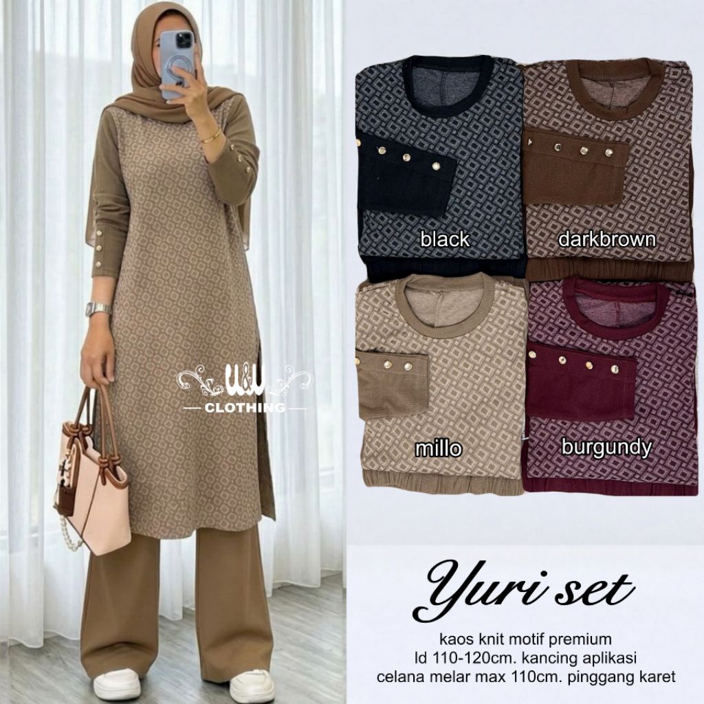 Setelan Wanita Baju Tunik Dan Celana Panjang Yuri Set Knit Motif Premium Kancing Aplikasi Ld110-120c
