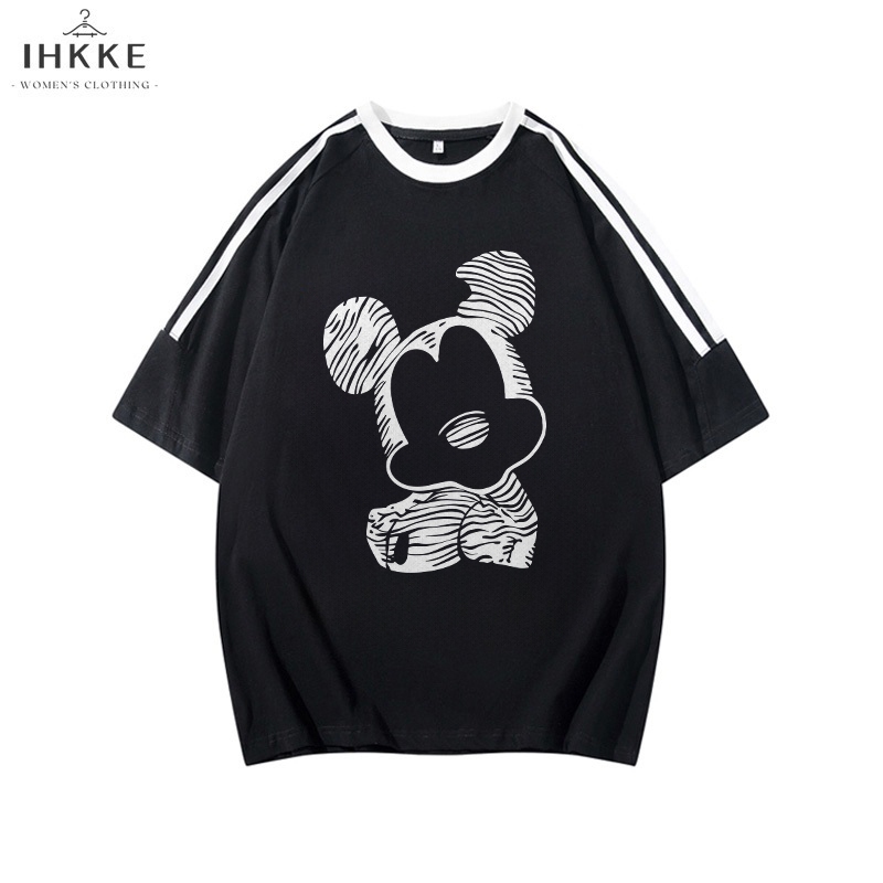 IHKKE Kaos Stripe Wanita | Micky Mouse Gambar Profil Doodle Garis Kreatif | Kaos Disneay | Kaos Mick