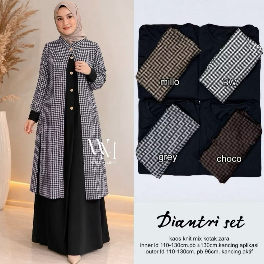 Gamis Set Wanita Diantari Set Outer Inner Knit Premium Motif Kotak  Dress Muslimah Kekinian