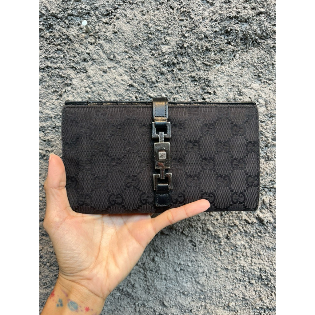 Authentic Gucci Jackie Monogram Black Canvas and Leather Wallet