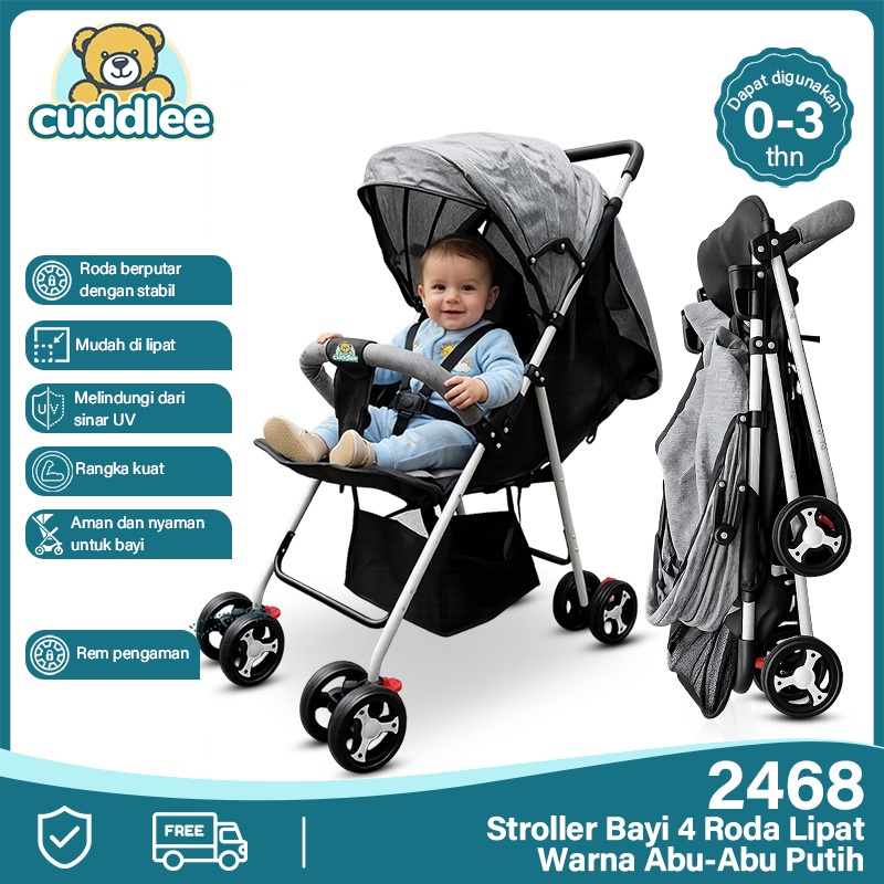 Cuddlee Stroller Bayi 4 Roda Lipat Warna Abu-Abu Putih 2468 - Stroller Newborn Kereta Dorong Bayi