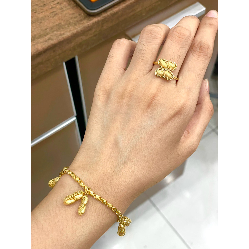 Gelang Satelit dan Cincin Kacang Uk15 Emas Asli Kadar 700