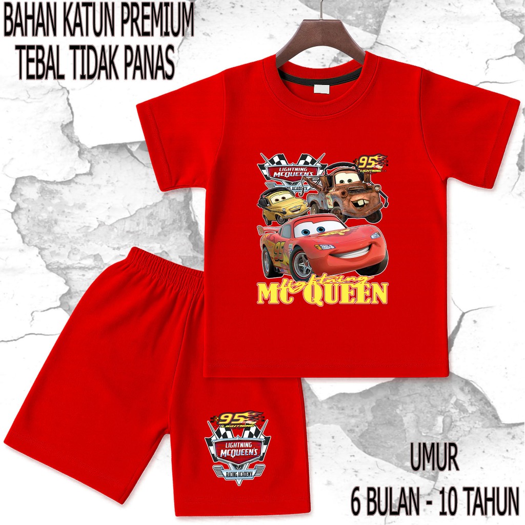 setelan baju anak - anak mobil mcqueen umur/tahun 6 bulan - 10 tahun bahan katun premium sablon DTF