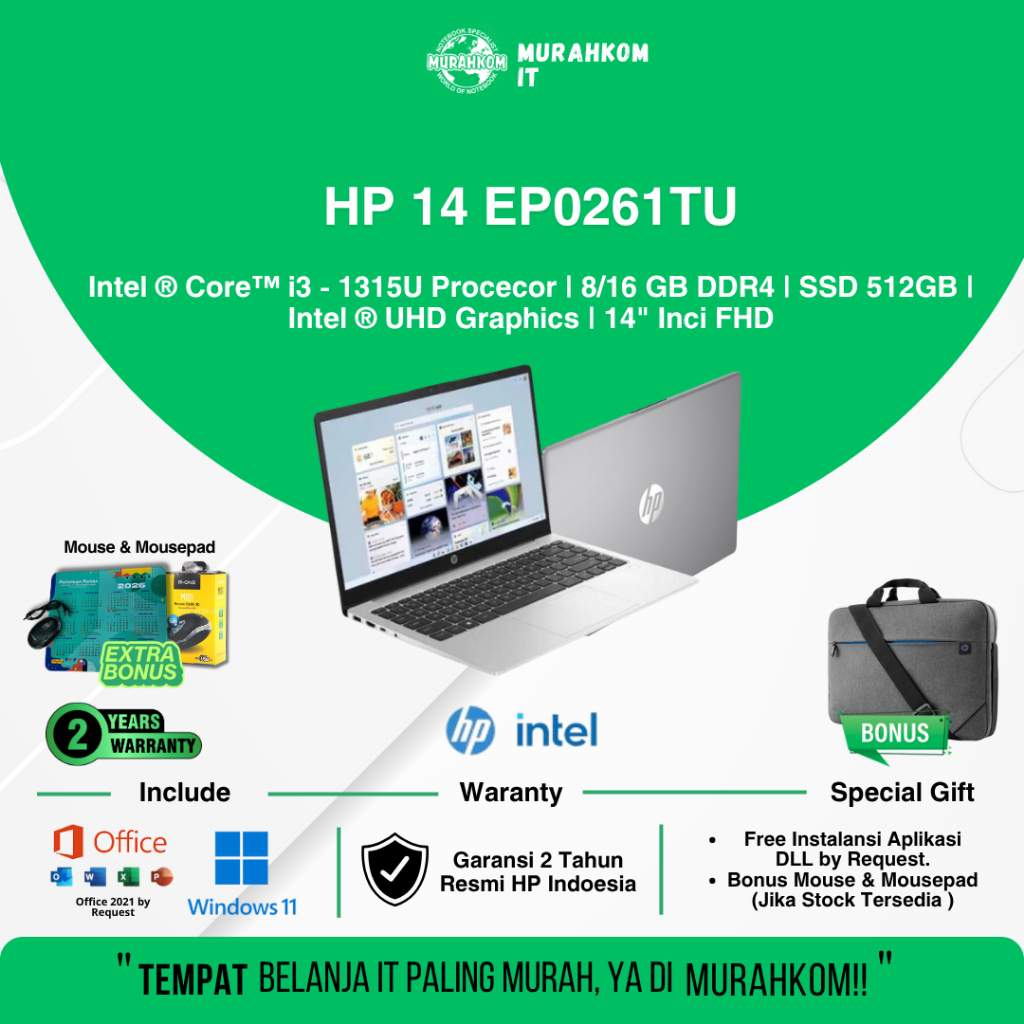 HP 14 EP0261TU i3 1315U RAM 8GB SSD 512GB LAYAR 14Inch FHD WIN 11 Home + OHS 2024