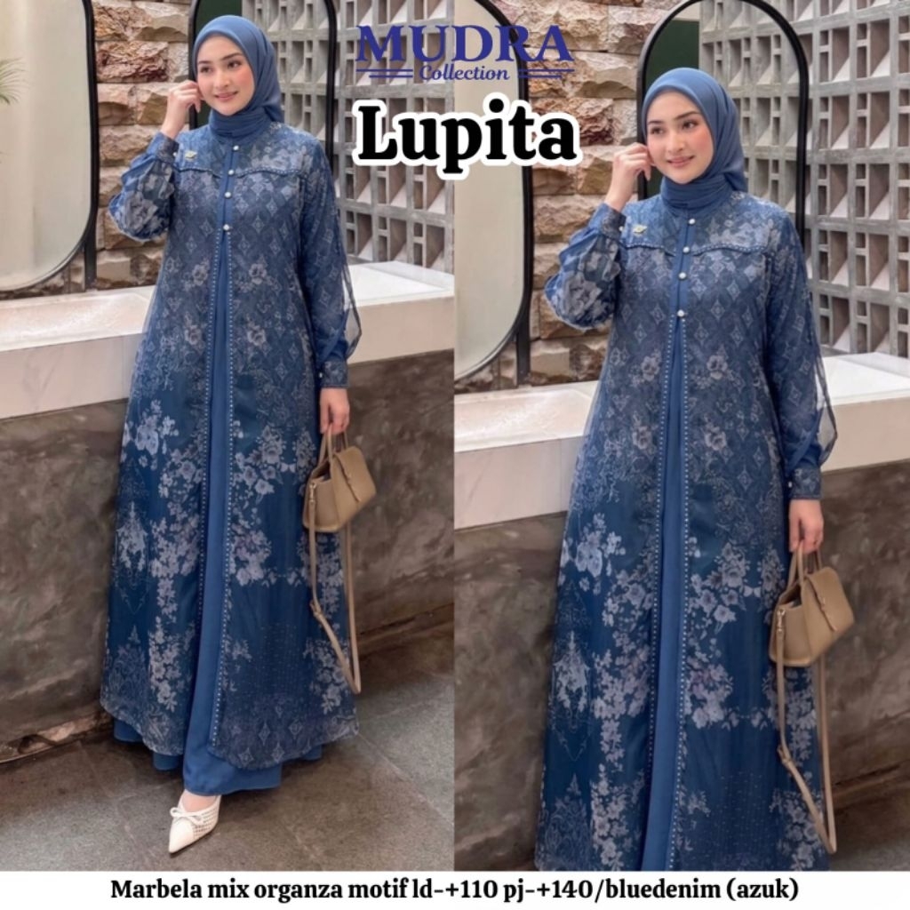 Lupita Dress by Mudra - dress marbela mix organza motif - gamis wanita model terbaru kekinian - dres