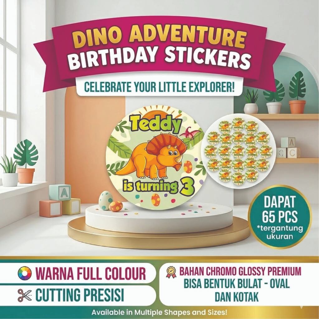 Label Stiker Dino 001 - Sticker Ulang Tahun Anak, Hampers, Souvenir, Birthday Party