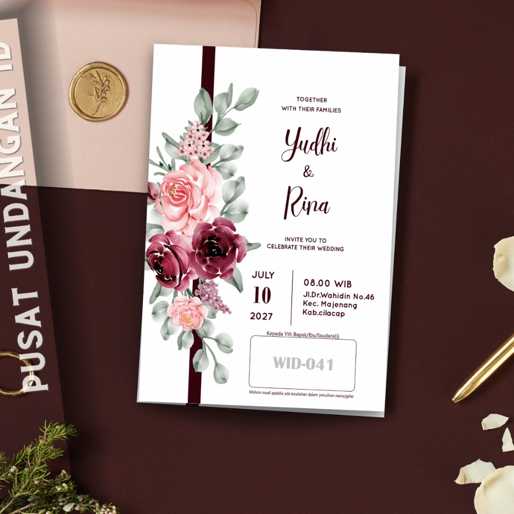 Undangan Pernikahan Elegan Motif Bunga Warna Pink Ungu Desain Modern - BONUS PLASTIK OPP & LABEL STI