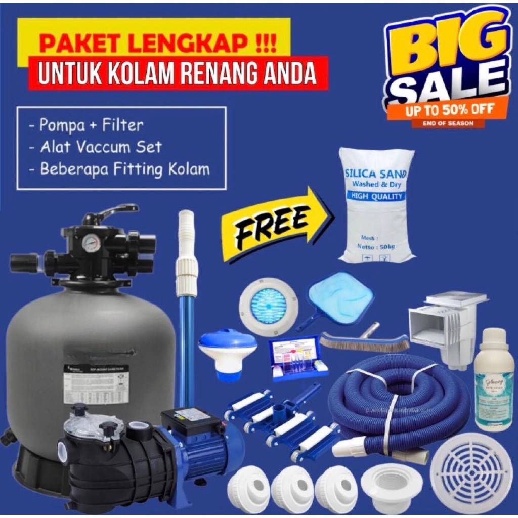 Mesin Pompa Air Kolam Renang 1HP Sand Filter Emaux Paket Kolam Renang