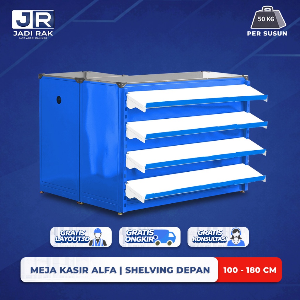 JADI RAK - Meja Kasir Minimarket Tipe Alfa (PRE-ORDER) | Meja Kasir dengan Rak Depan Tinggi 90cm