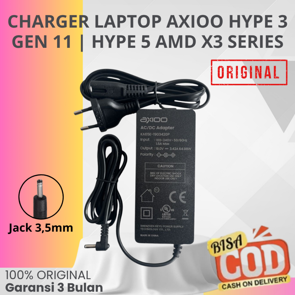 Cas Laptop Axioo 19v 3,42a 64,98w | Axioo Hype 3, Hype 5 Amd Series | Garansi 3 Bulan Original