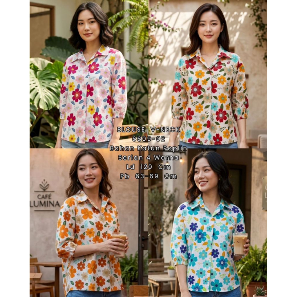Atasan wanita kemeja blouse katun poplin motif bunga ld jumbo ld 120