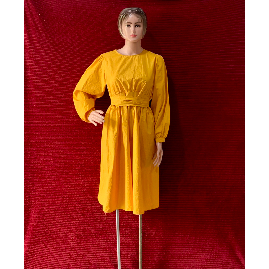 DRESS POLOS WANITA TANGAN BALON MUSTARD | TALI PINGGANG CANTIK KOREAN STYLE