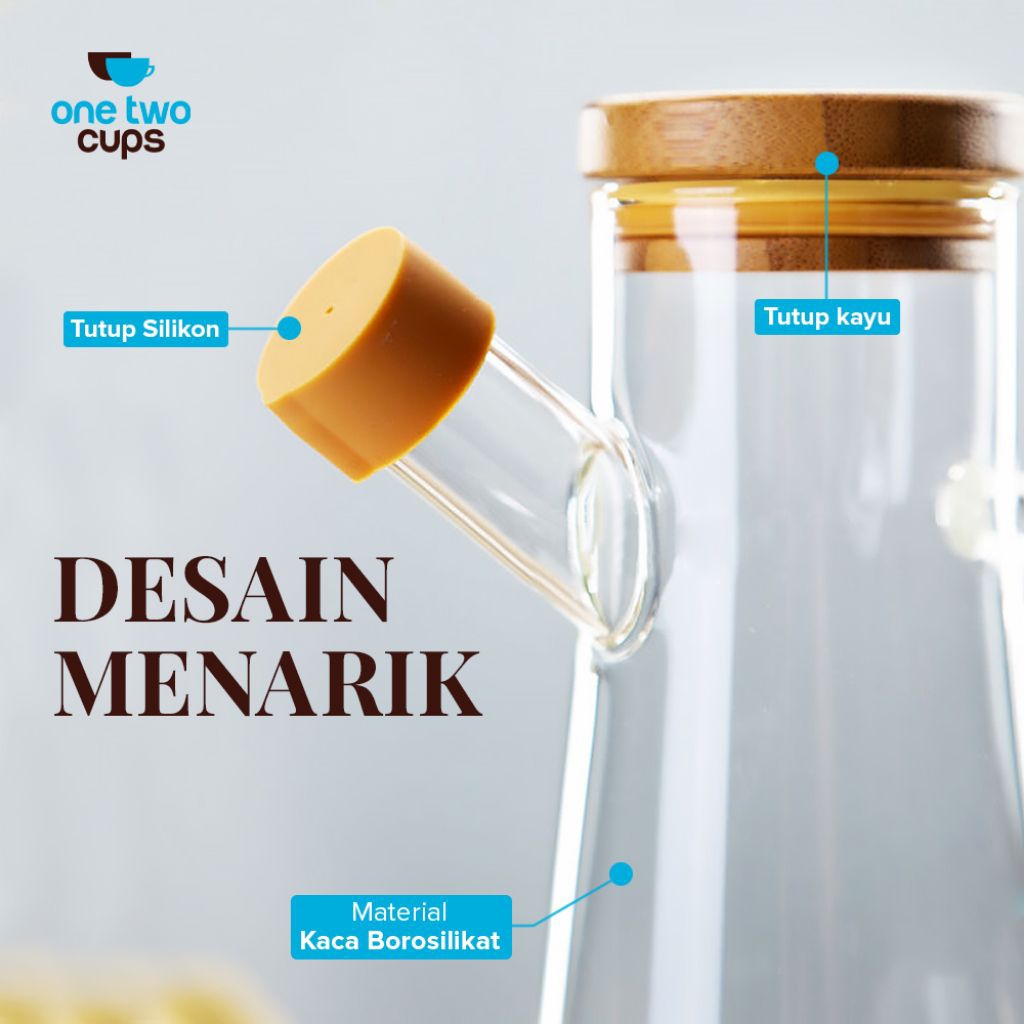 Botol Minyak Kaca 1000ml - Desain Aesthetic, Tutup Kayu, Anti Bocor