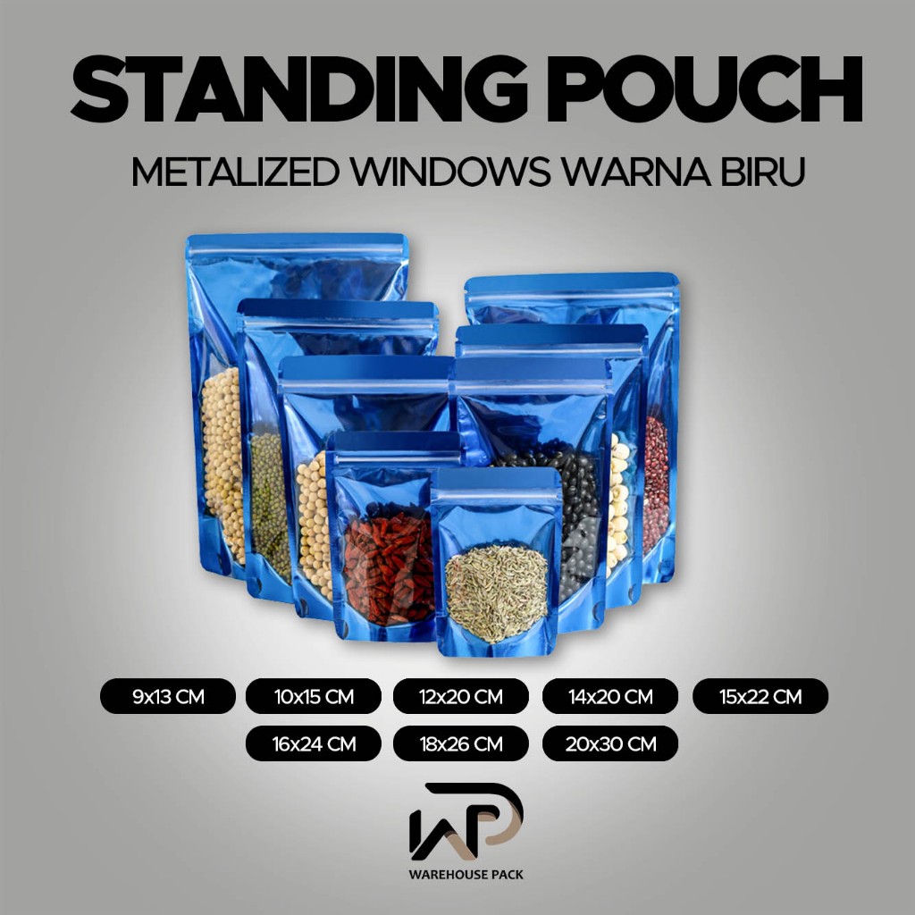 ( 1 Pcs ) Standing Pouch Metalized full Clear Windows Warna Biru | Standing Pouch Ziplock Clear | Pl
