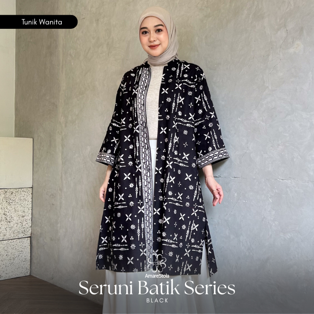Amarestola - Seruni Tunik Batik Hitam Navy Mahogany Maroon Wanita Lengan Paanjang / Tunik Wanita/Tun