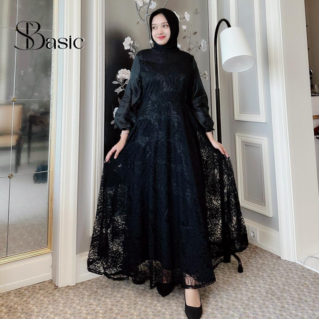 Gamis Tile Hitam Motif Bunga Kombinasi Bahan Organza  76291 1 Busana Muslim Basic