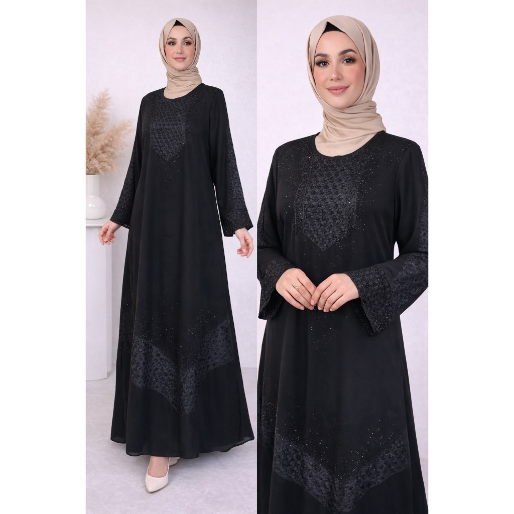 Gamis Abaya Wanita Qatar series warna hitam elegan mewah & murah