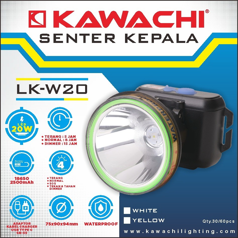 Kawachi Senter Kepala Waterproof 20Watt Super Terang/ Headlamp Waterproof Rechargeable 20Watt LK-W20