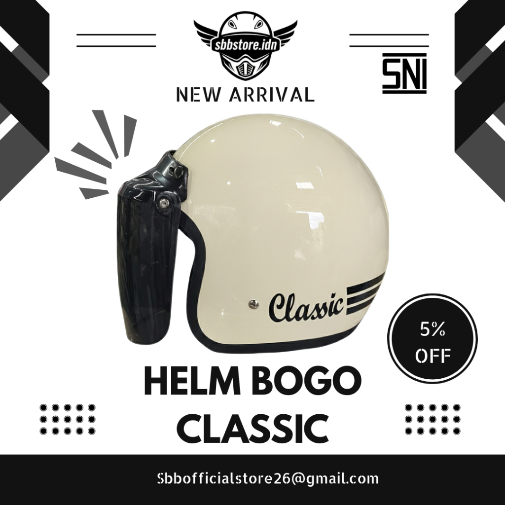 Helm Bogo Classic SNI + Kaca Datar Cembung - Helm Vespa Scoopy Genio Fazzio Retro Dewasa