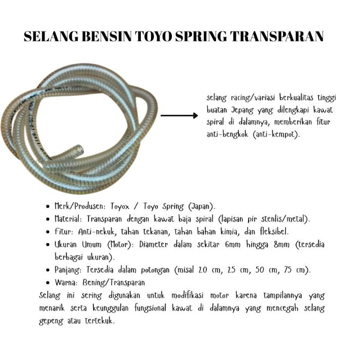 SELANG BENSIN BENING SELANG BENSIN TOYO SPRING TRANSPARAN SELANG BENSIN TOYO SPRING HARGA PER 10 CM