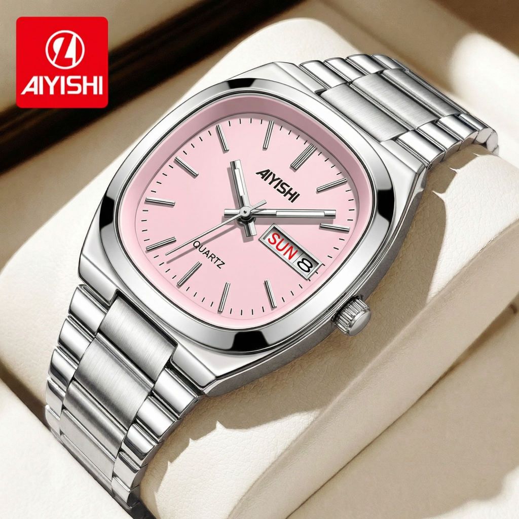 Jam Tangan Wanita AIYISHI Warna Pink, Quartz, Bahan Stainless Steel, Anti Air & Bercahaya Malam, Dil