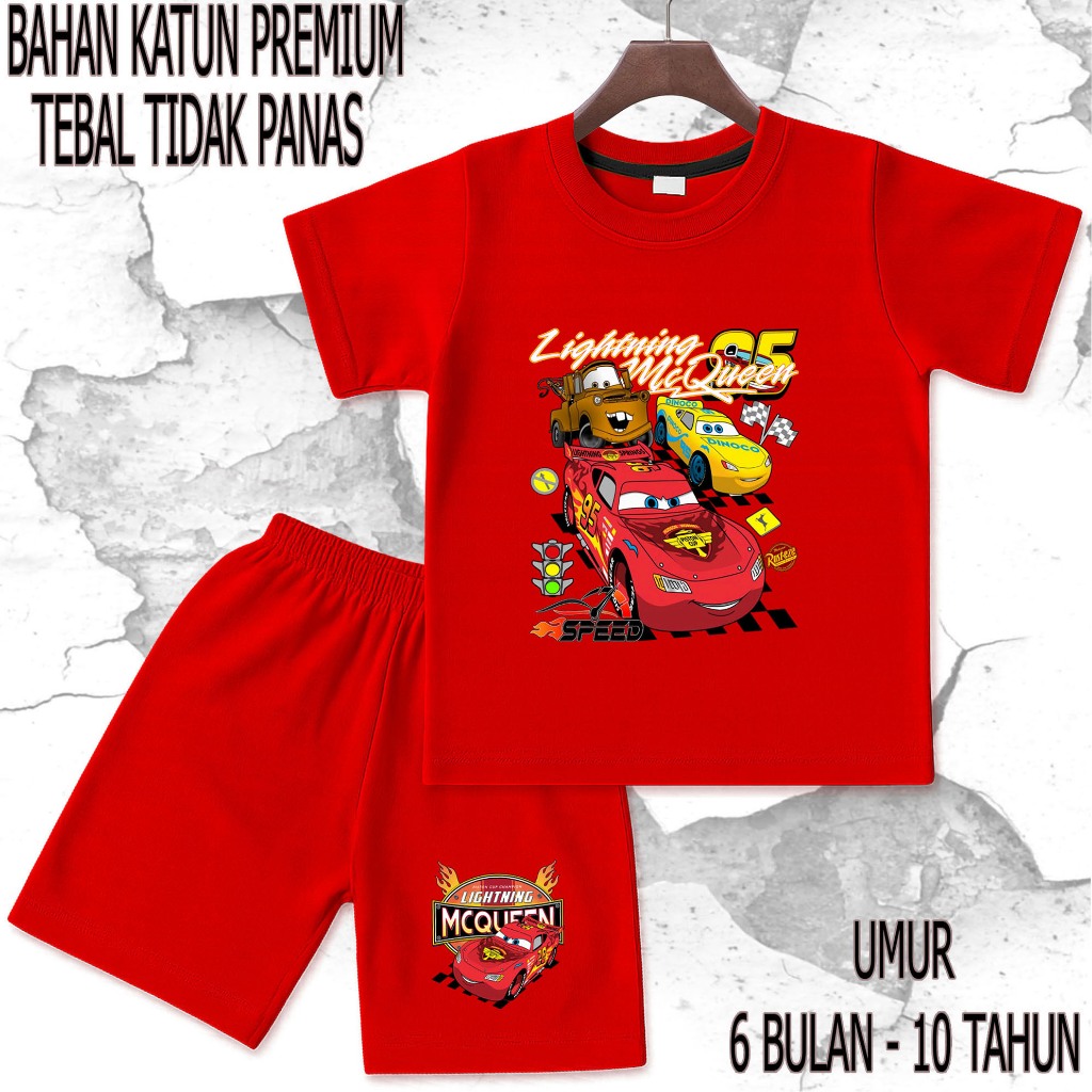 setelan baju anak - anak mobil mcqueen 3 umur/tahun 6 bulan - 10 tahun bahan katun premium sablon DT