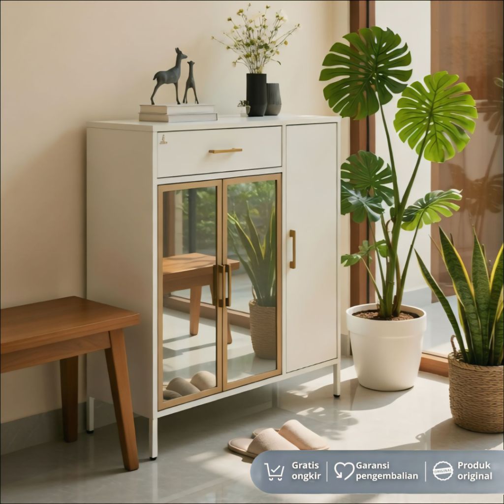 OLYMSTEEL SR Latte 3P1L Rak Sepatu Besi Minimalis Lemari Buffet Serbaguna Pintu Kaca 3 Pintu 1 Laci 