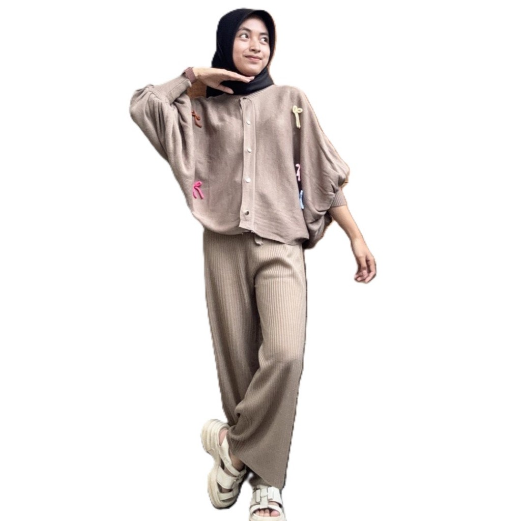 Setelan Rajut Wanita Jumbo Utari LD 120-140 Baju Cardigan Celana Knit Korea Style