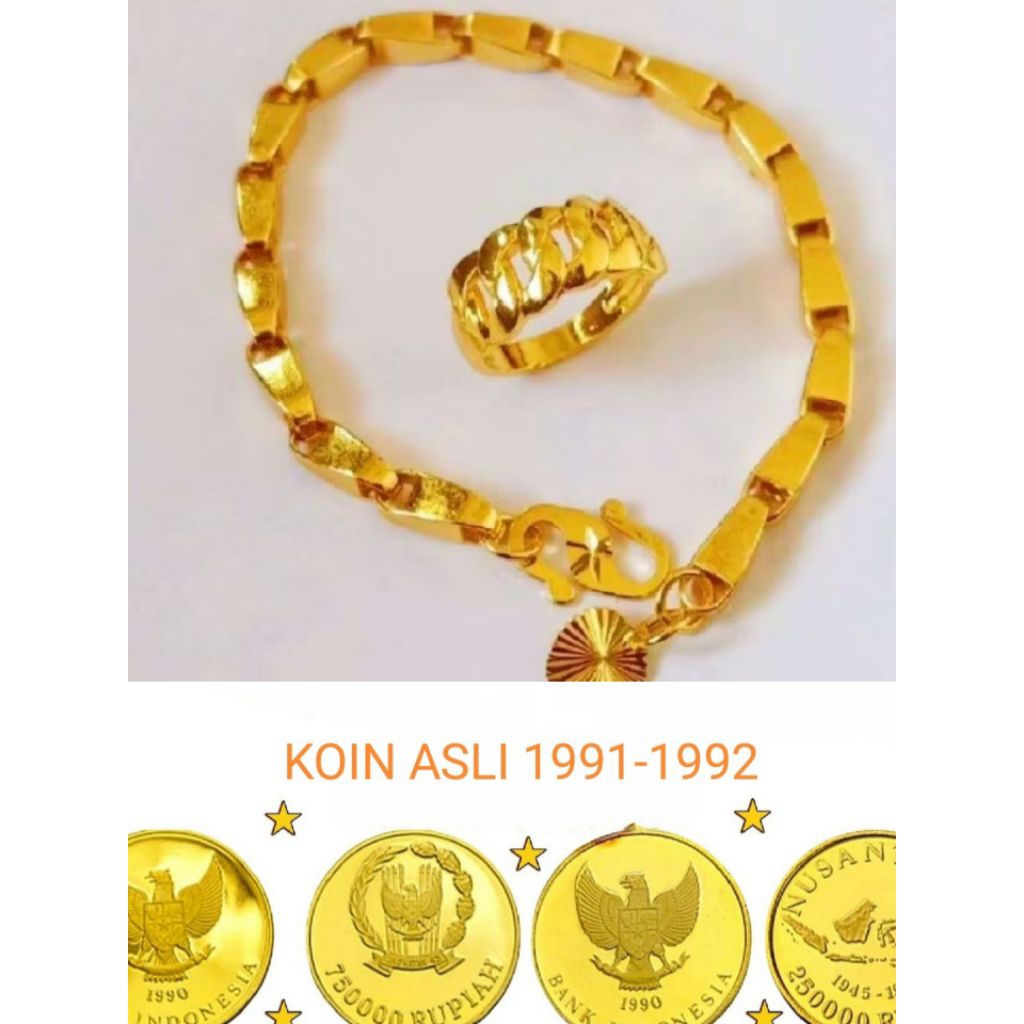 GELANG TANGAN KOIN ASLI 1991 GELANG TANGAN PADI MOTIF MAS 24 WARNA EMAS FREE CINCIN RANTAI ANTI LUNT
