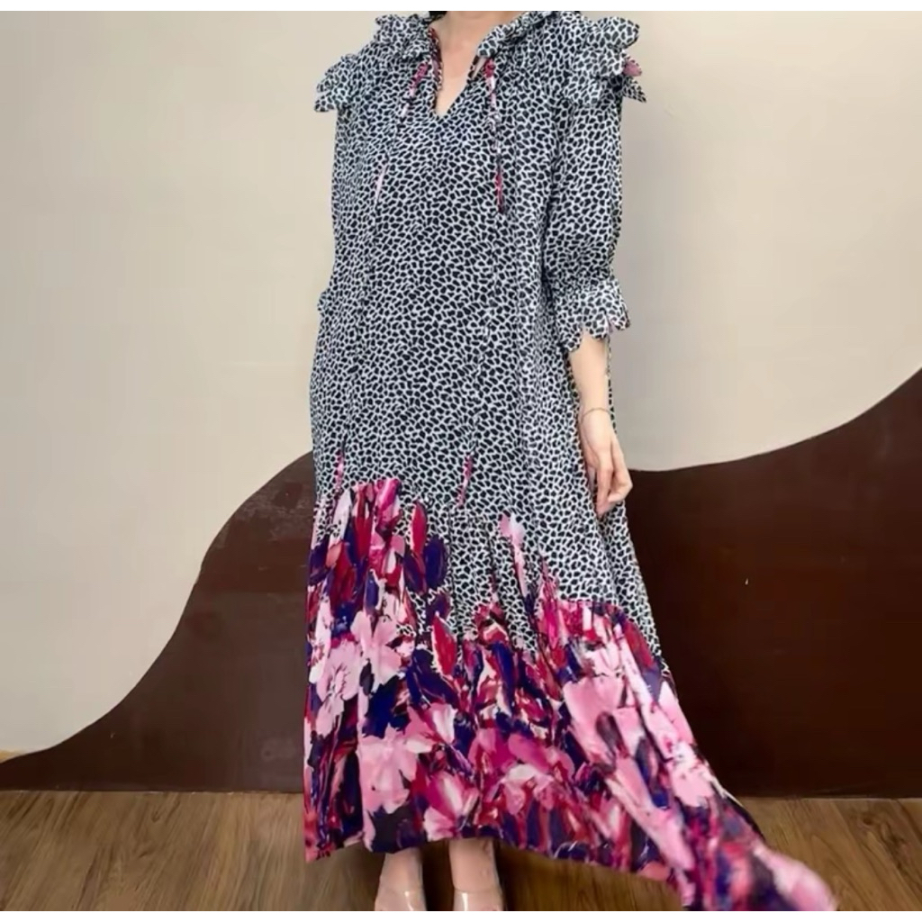 DRESS PANTAI MOTIF LEOPARD MACAN GAUN ELEGANT PREMIUM KANCING BUSUI