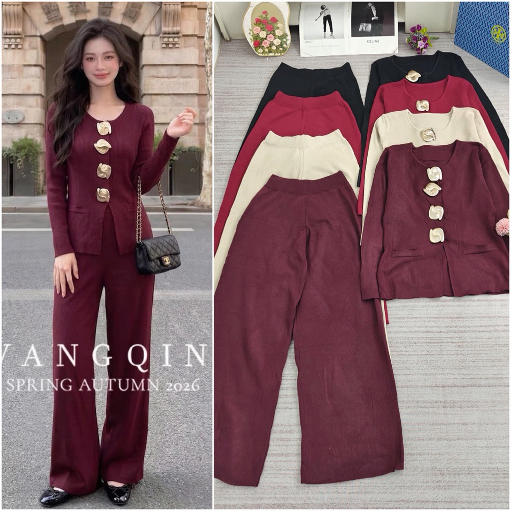 TATAOS BANGKOK KARLINA SET SETELAN BLOUSE & CELANA KULOT KANCING 3D BUNGA TAG LABEL KNIT RAJUT IMPOR