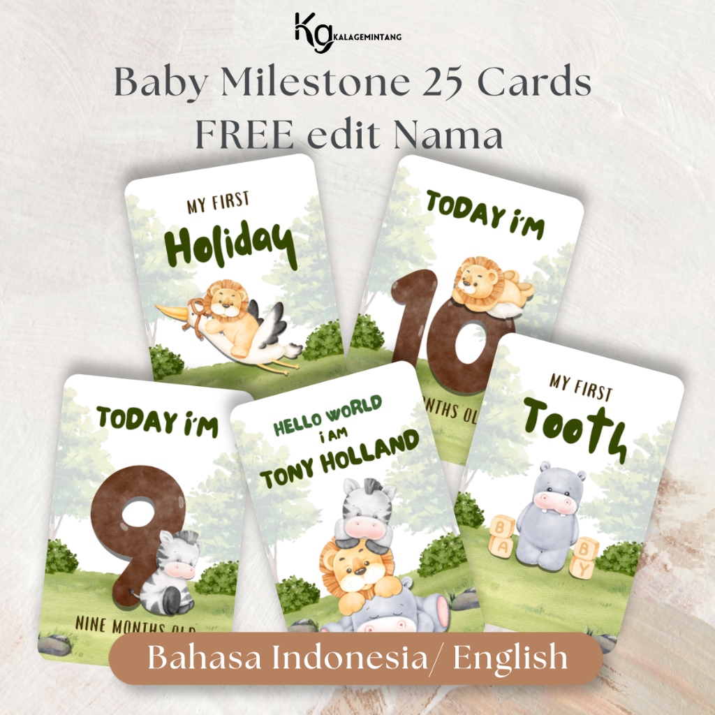 Baby Milestone Animal Theme Tema Animal Baby Milestone Kartu Milestone Bayi 25 Kards Edit Nama, Baha
