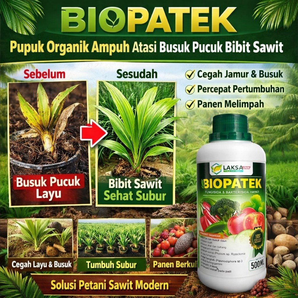 BIOPATEK Pupuk Organik Ampuh Atasi Busuk Pucuk Bibit Sawit | Obat Penyakit Jamur Daun Sawit Terbaik,