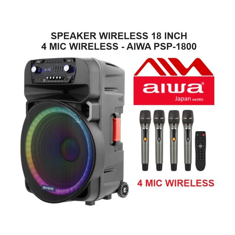 SPEAKER WIRELESS PORTABLE SOUND SYSTEM MEETING AMPLIFIER 18 INCH 4 MIC MIKROFON WIRELESS PEGANG HAND