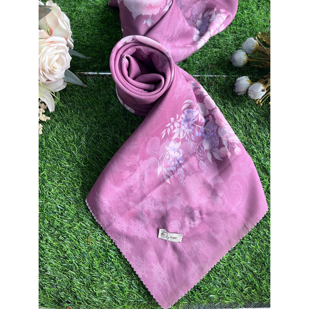 Rly Scarf - Deep Mauve Floral Hijab Segiempat Voal Motif Lasercut