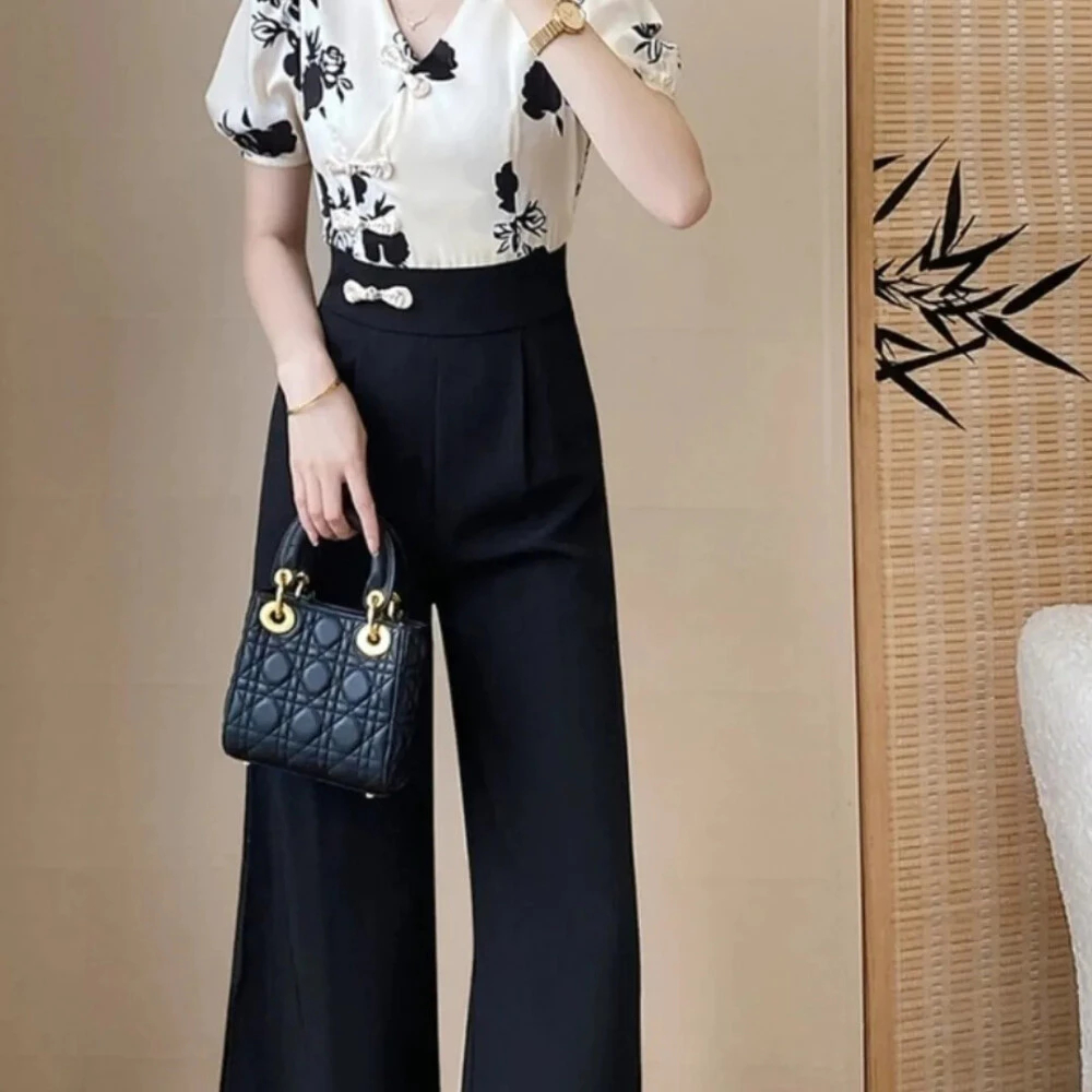 Setelan Wanita Blus Lengan Pendek Motif Bunga Hitam Putih + Celana Panjang Hitam | Bahan Adem Nyaman