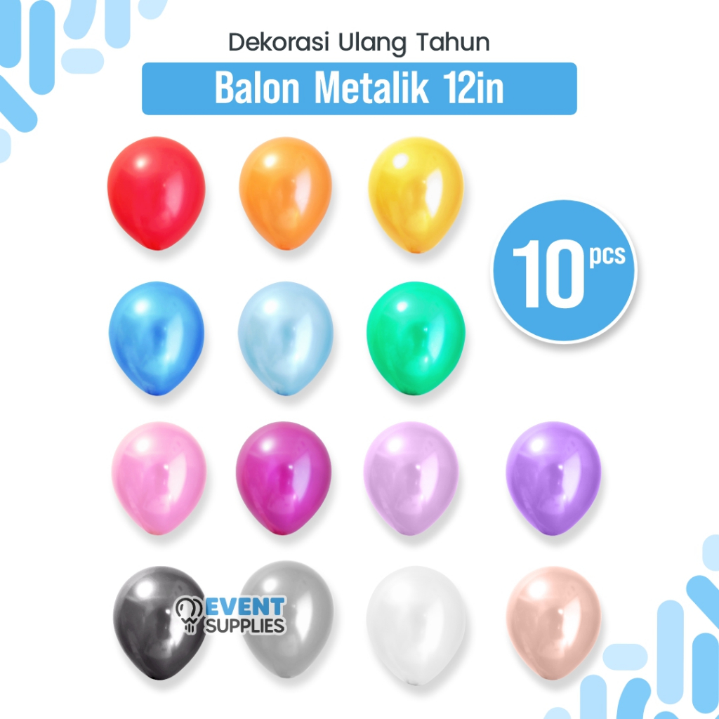 [10 Pcs] Balon Latex Metalik Tebal 12inch Polos Balon Helium