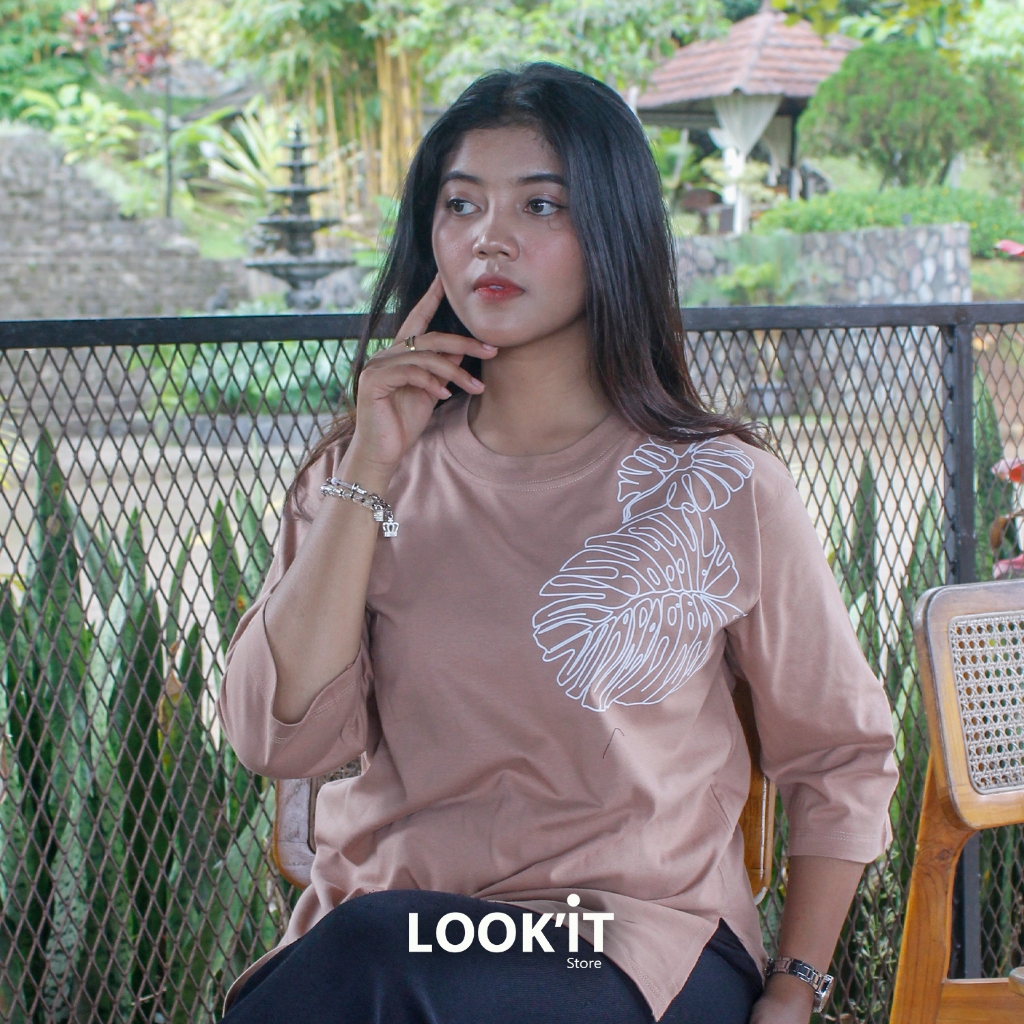 Lookit - Kaos Atasan Wanita Sleeve Basic Oversize With Leaf Monstera || Cotton Combed 30s