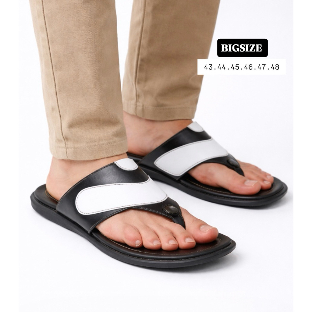 COD / Sendal Slide KULIT GARUT Big Size 44-45-46-47 Sandal Kulit Pria Bapak2 empuk JUMBO hitam, 47