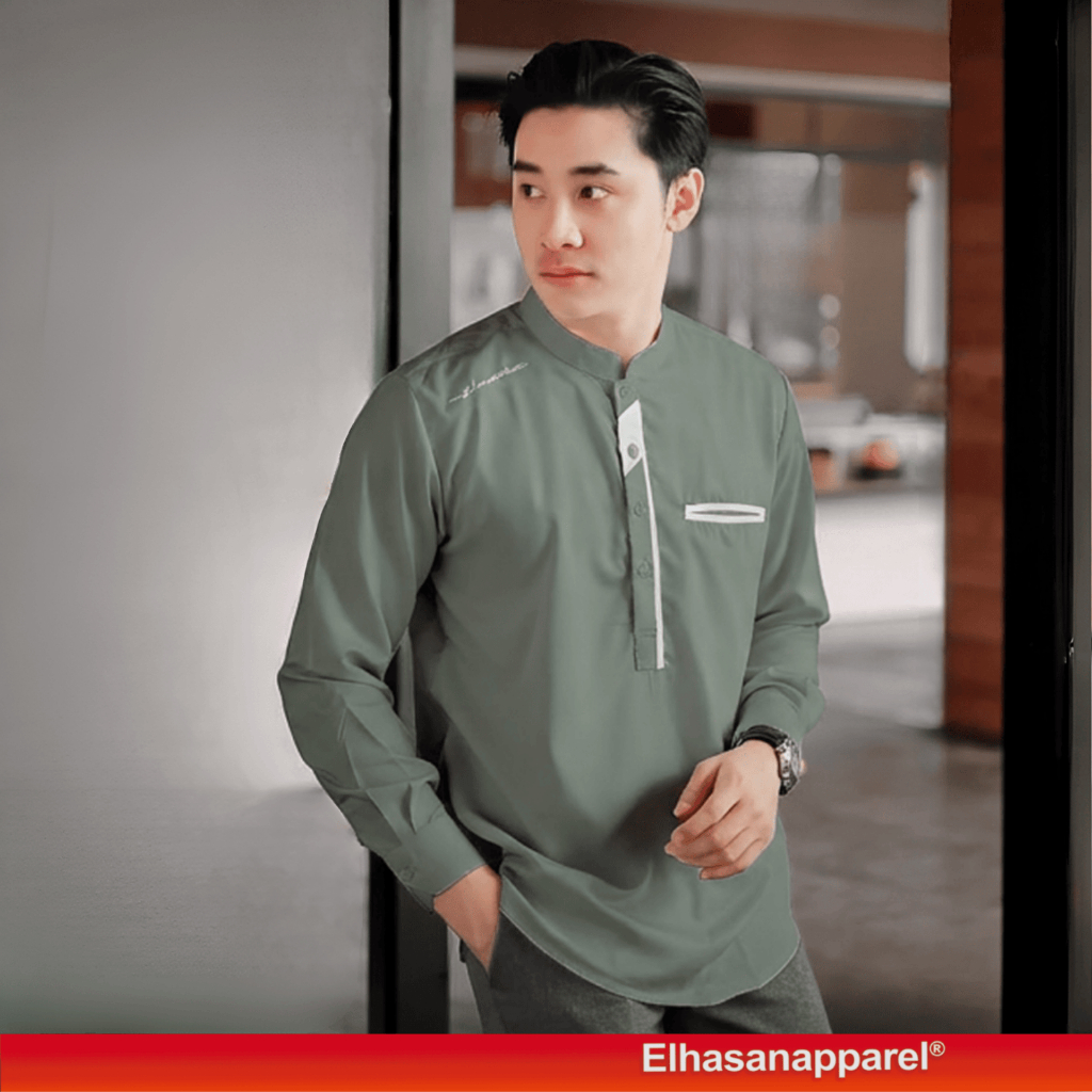 Elrumi Kemeja Pria Koko Shanghai Lengan Panjang Warna Sage