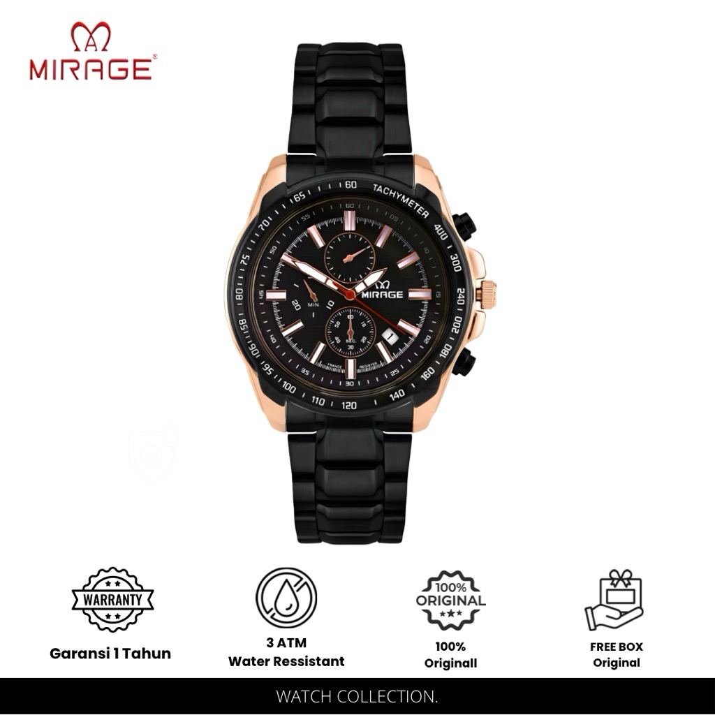 Mirage Original Jam Tangan Chrono Formal Pria Hitam Rosegold Tahan Air 8305 / 8904 M Analog - Garans
