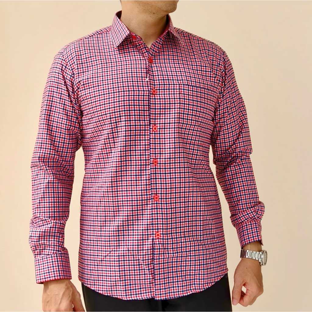 Kemeja Pria Motif Kotak Merah Navy Kasual Slimfit Dixon Gabrian