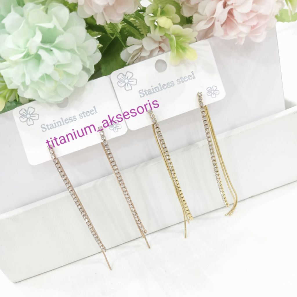 anting tindik tusuk titanium rumbai permata panjang