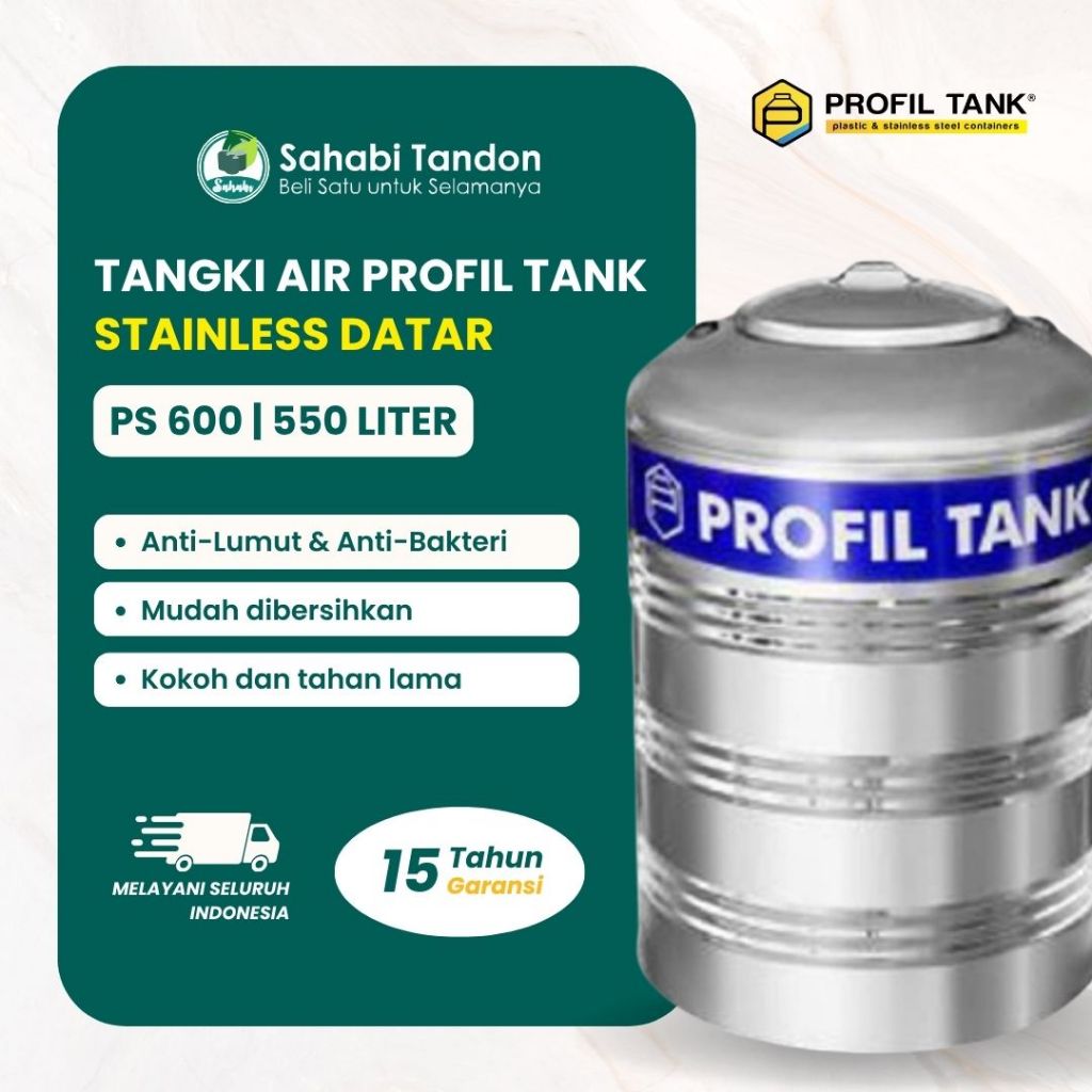 Toren Air Tangki Air Tandon Air Profil Tank Stainless PS 600 volume 550 Liter Datar Tanpa Kaki