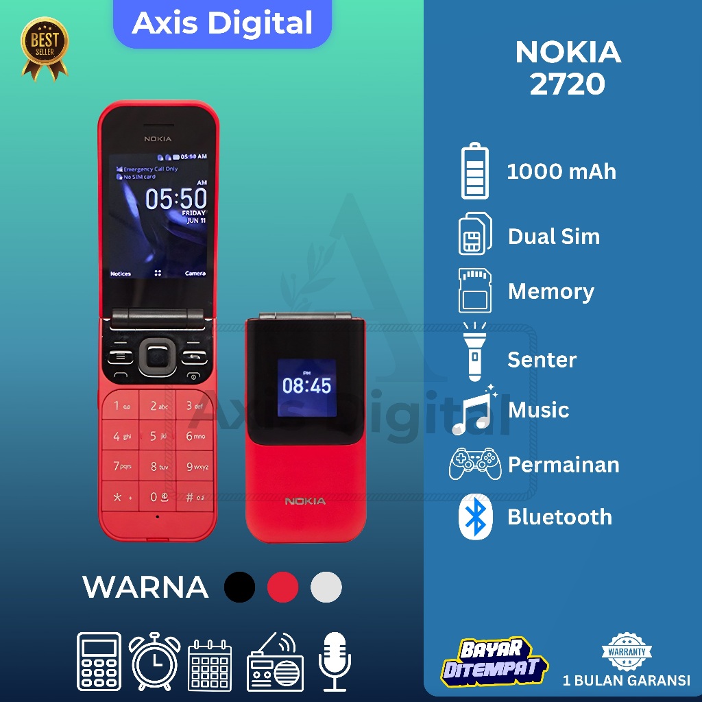 NOKIA HP FLIP 2720 HP JADUL DESAIN LIPAT KLASIK DUAL SIM BERGARANSI