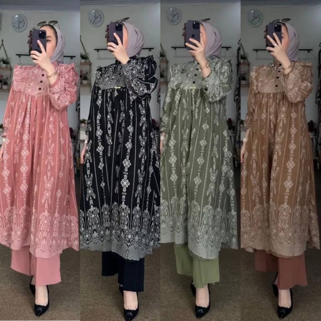 ONE SET TUNIK BUNGA LONG TUNIK KEKINIAN STYLE WANITA HIJAB FASHION WANITA KEKINIAN SET CELANA TERLAR