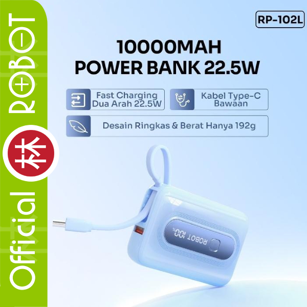 Robot RP-102L Powerbank 10000 mAh Fast Charging Type-C Cable 22.5W LED Display RP102L RP102