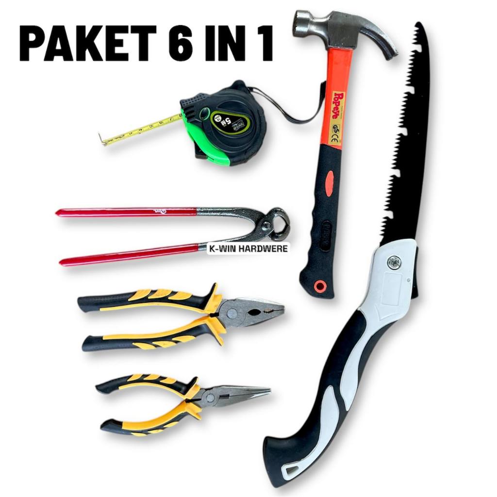 6IN1 Paket Hemat Alat Pertukangan  Gergaji Kayu Lipat / Gergaji Tukang BELAH POTONG Handle Karet Pal