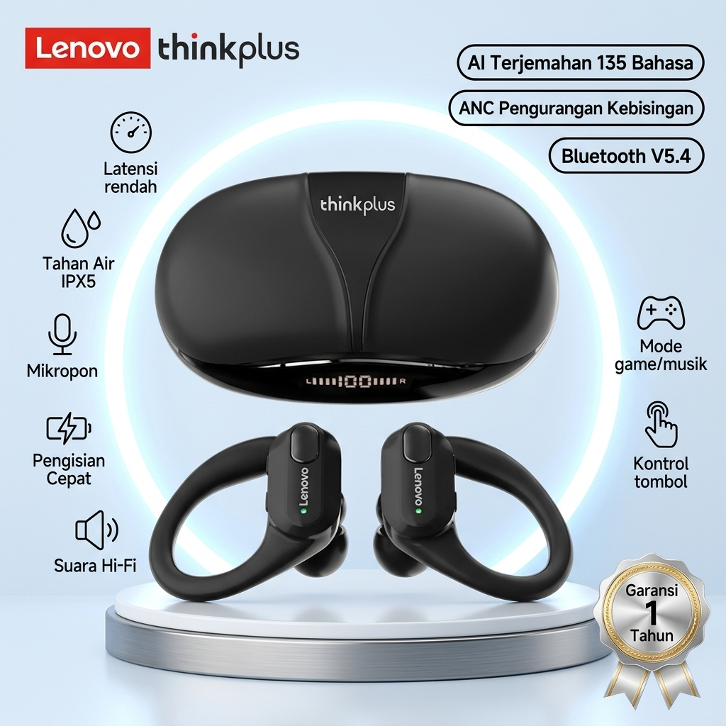 Headset Olahraga Lenovo ThinkPlus XT80 Bluetooth 5.4 Anti Putus, Koneksi Stabil Selalu, Garansi 1 Ta